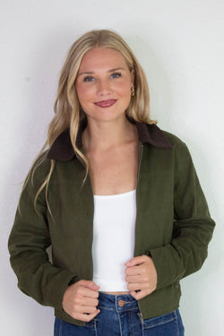 Lyla Contrast Corduroy Collar Bomber Jacket, Dark Olive
