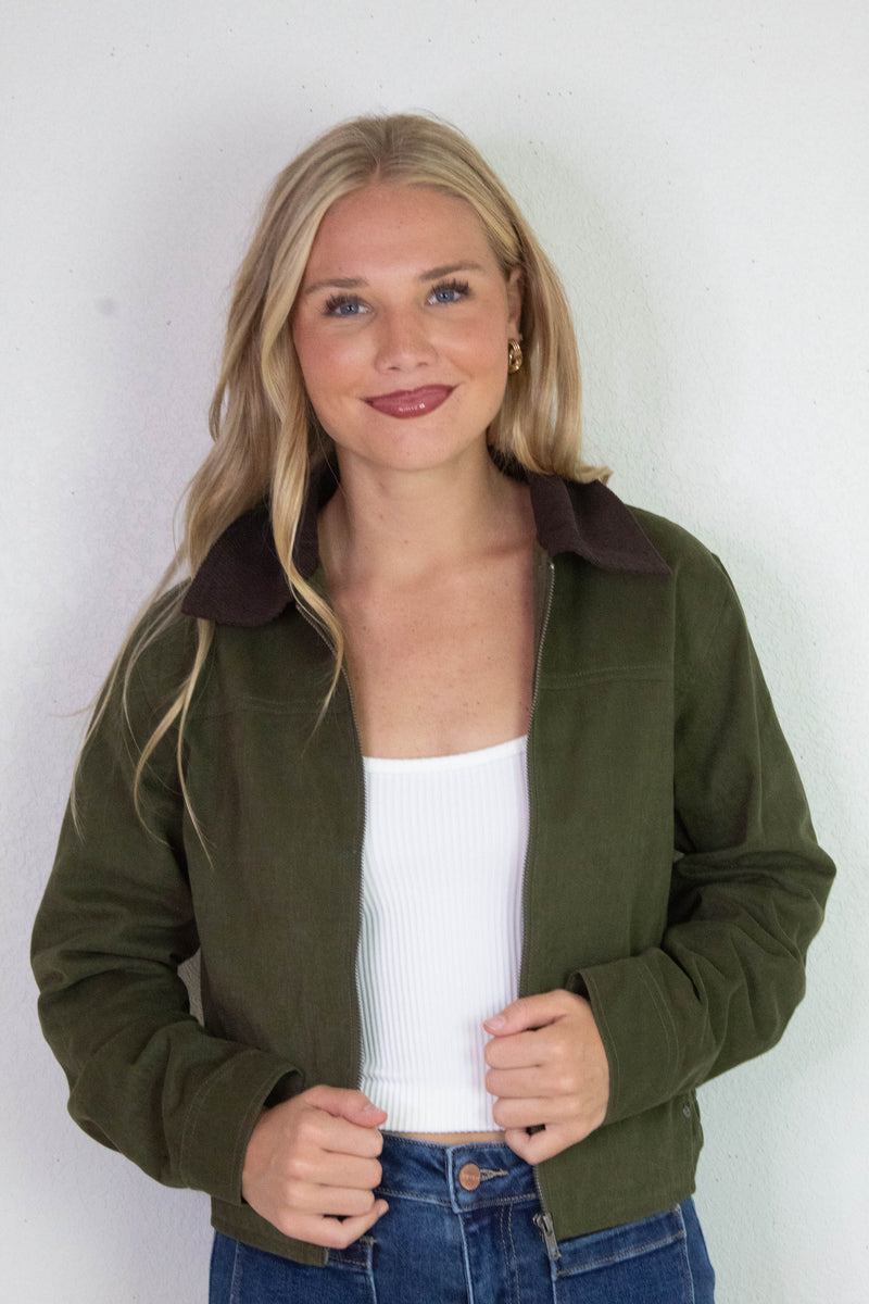 Lyla Contrast Corduroy Collar Bomber Jacket, Dark Olive