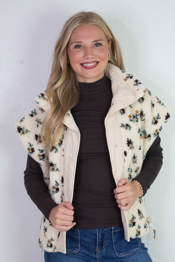 Naomi Floral Oversized Sherpa Vest, Ivory Multi