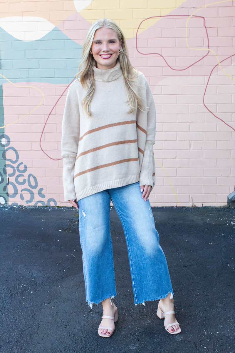 Myra Striped Turtleneck Sweater, Light Taupe