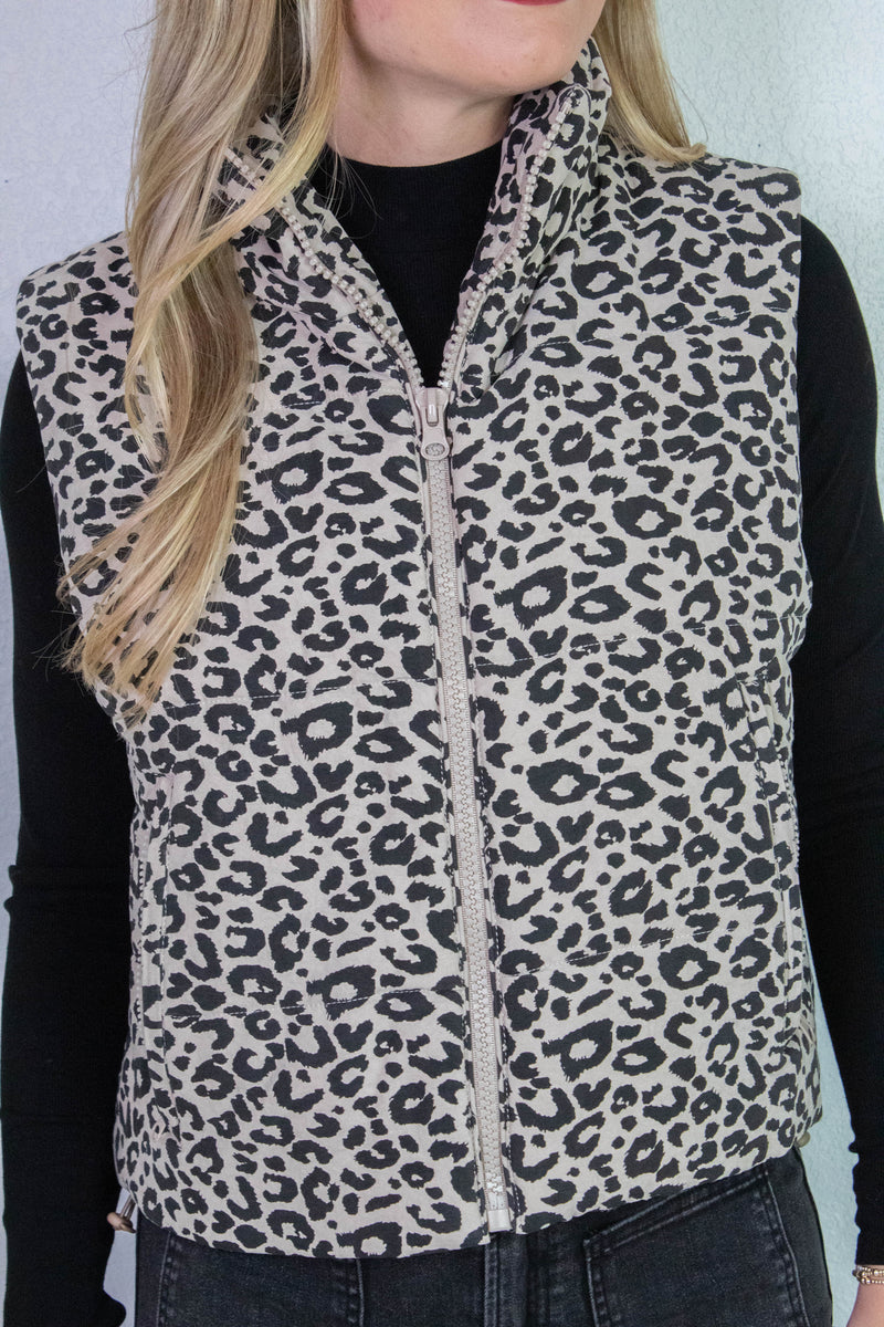 Caroline Leopard Print Puffer Vest, Khaki