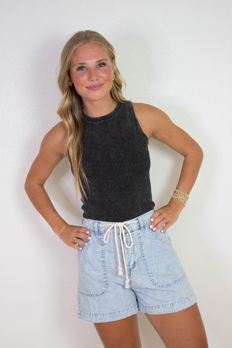 Elowen Washed Ribbed Tank Top, Charcoal