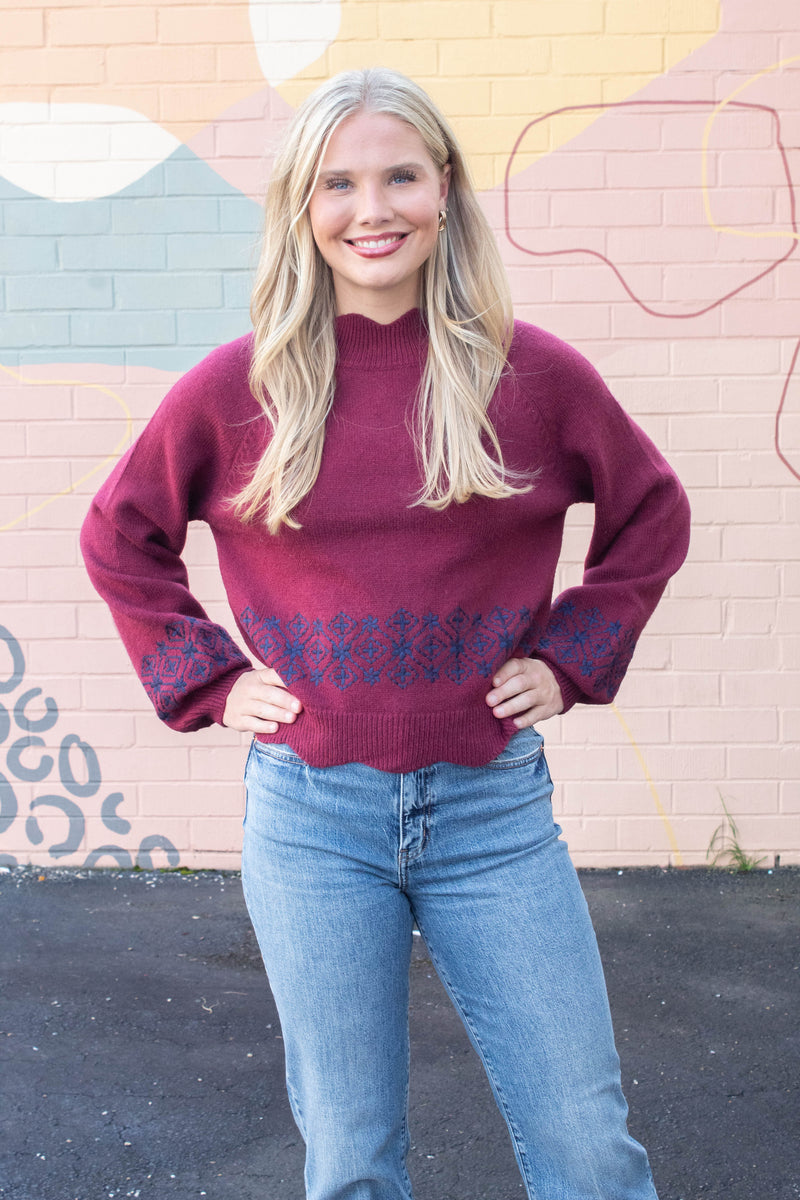 Ariana Scalloped Embroidered Sweater, Burgundy Navy