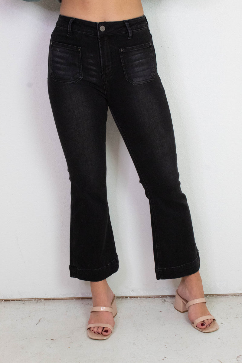 Amelia Patch Pocket Ankle Flare Jeans, Black
