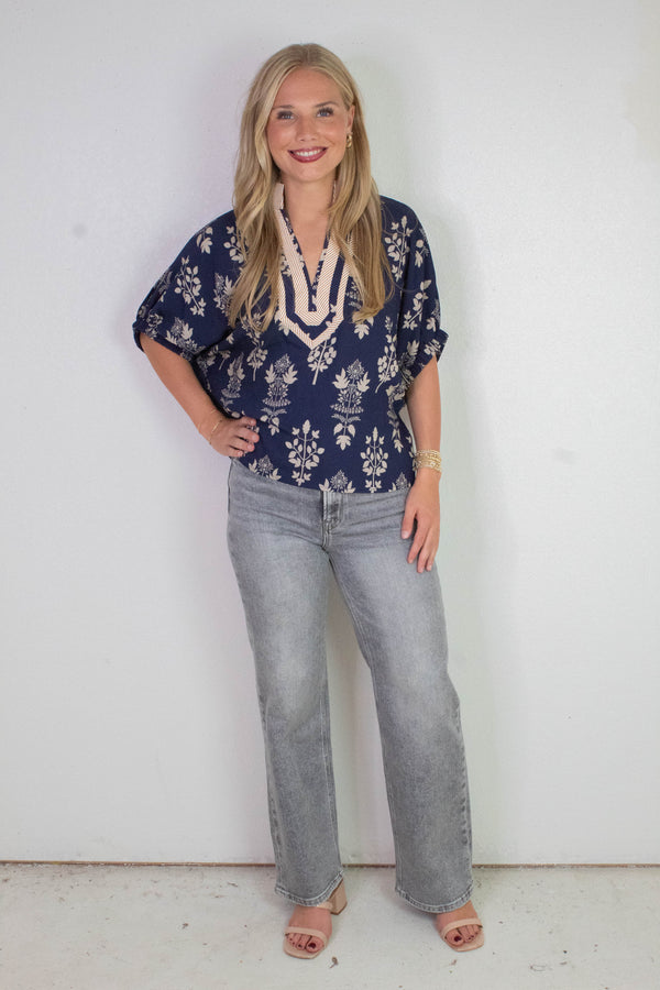 Esther Botanical Print Top, Navy