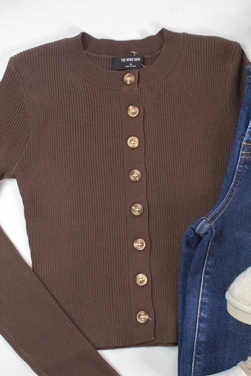 Josie Rib Knit Cropped Cardigan, Brown