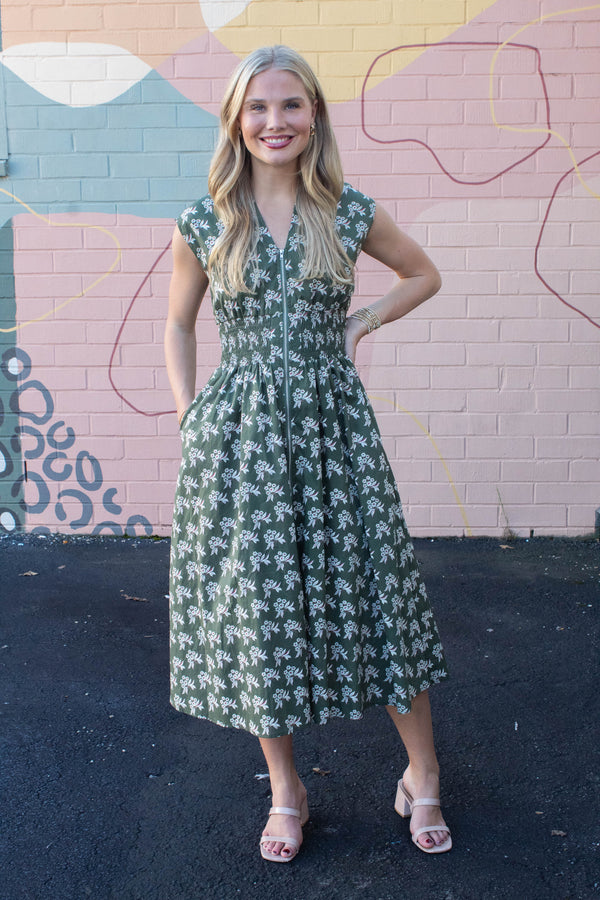 Lila Printed Front Zip Dress, Olive Green