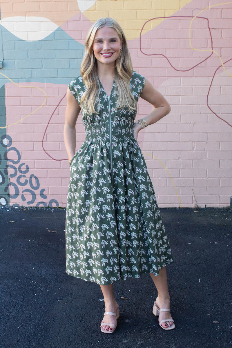 Lila Printed Front Zip Dress, Olive Green