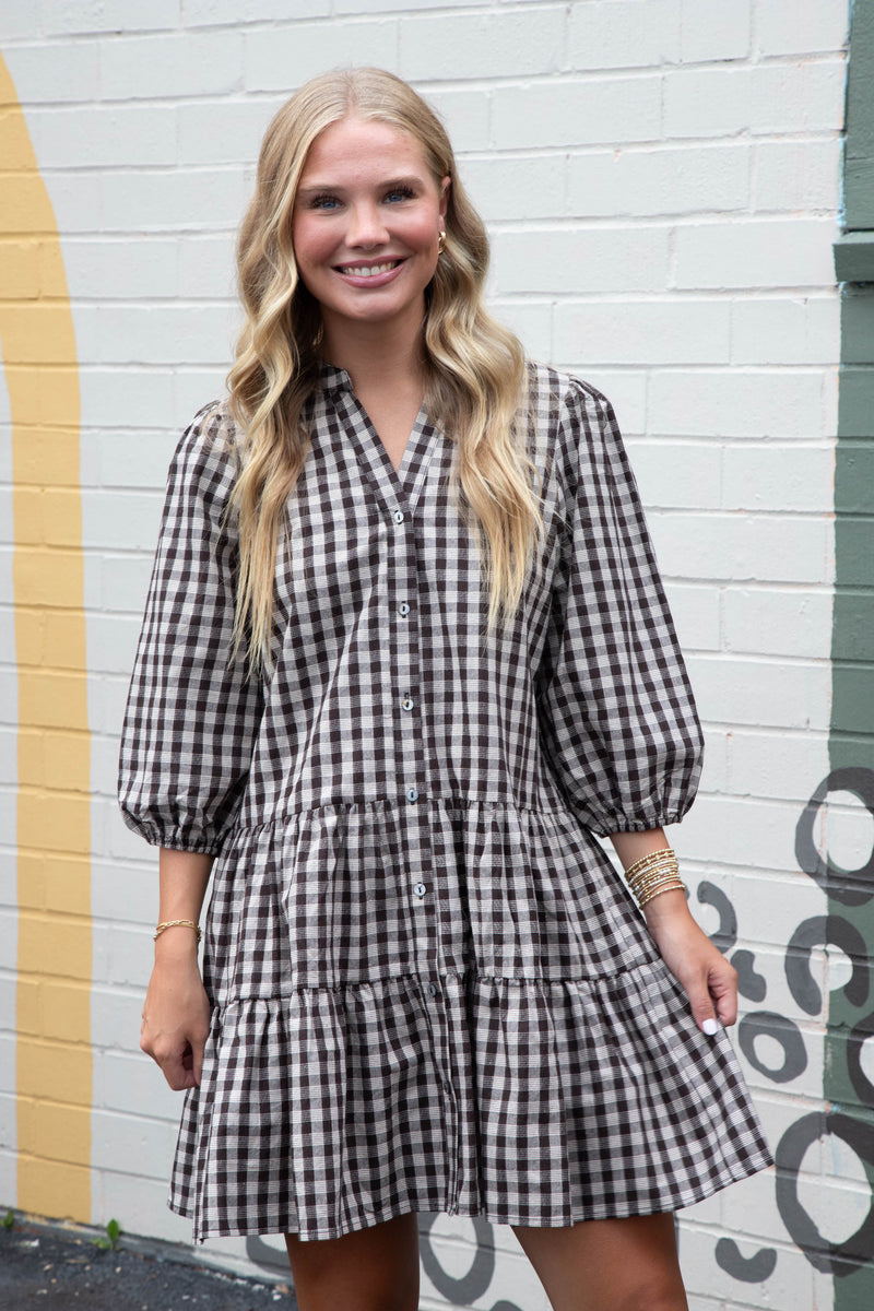 Aspen Three Quarter Sleeve Plaid Dress, Brown