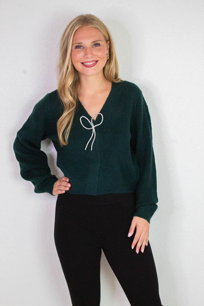 Marie Sparkly Bow Cardigan, Dark Green