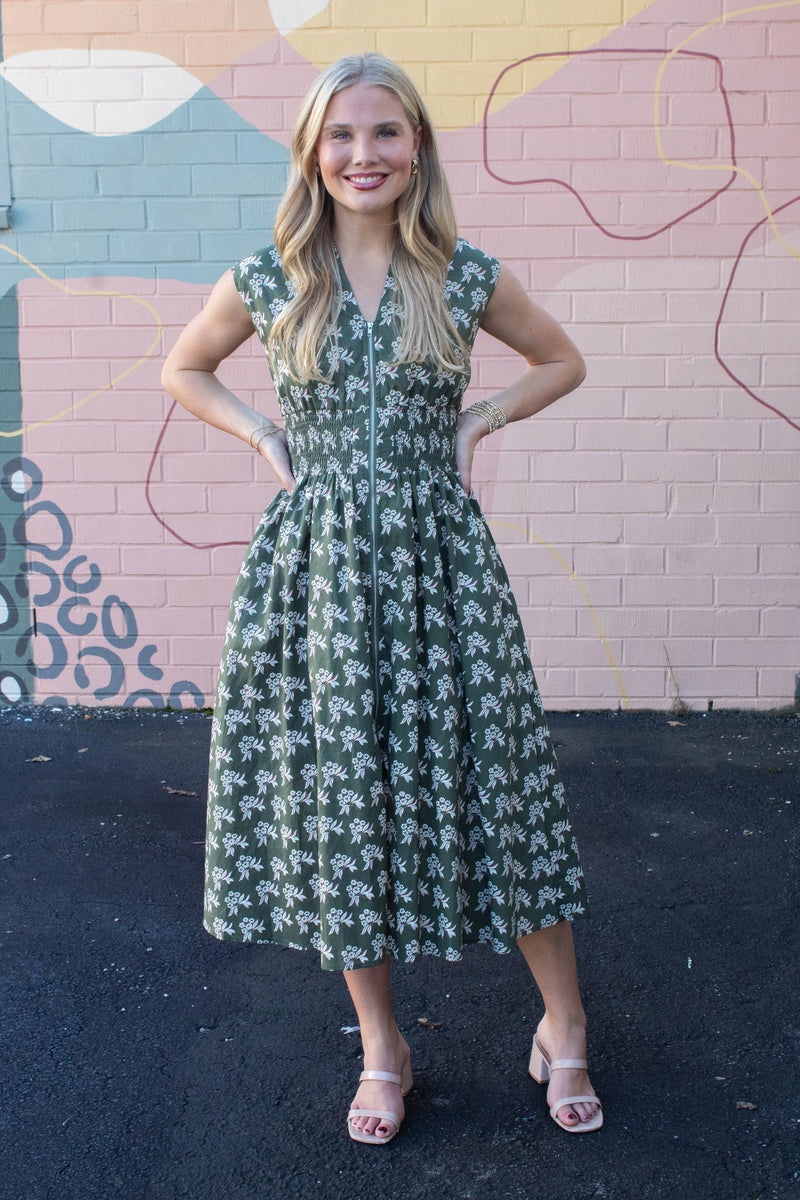 Lila Printed Front Zip Dress, Olive Green