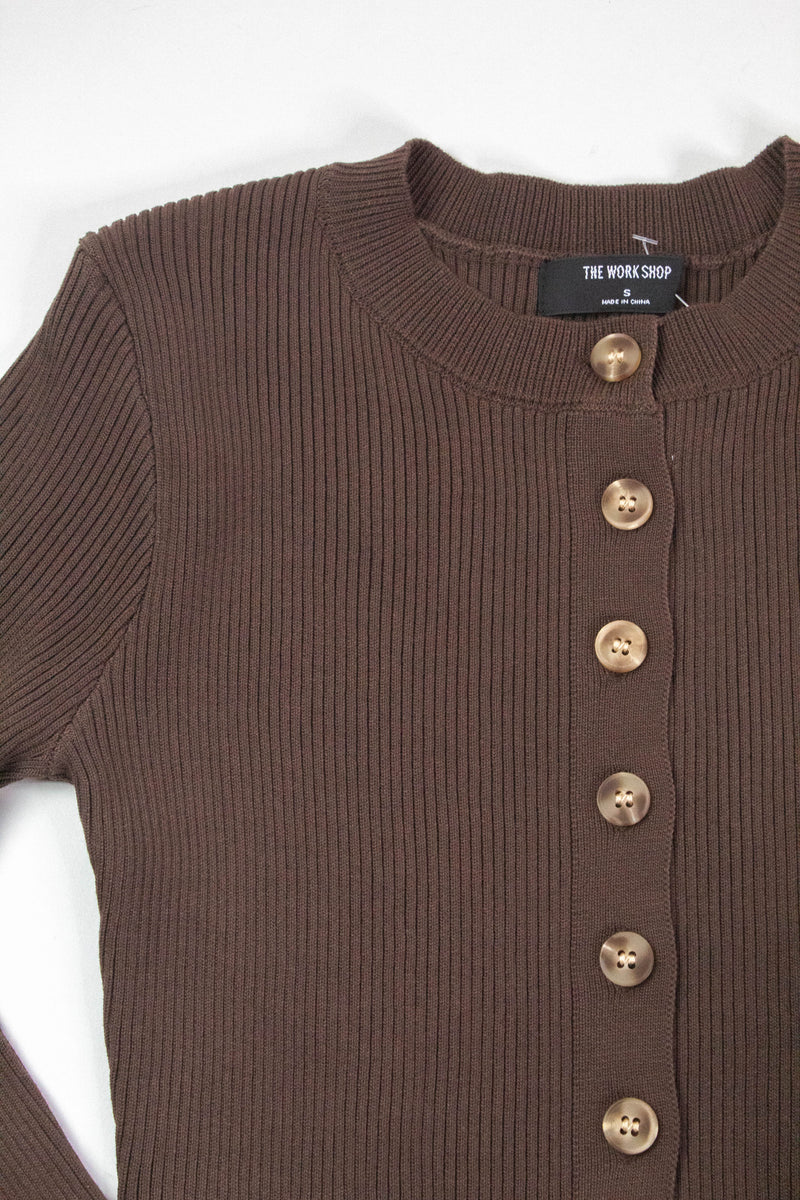 Josie Rib Knit Cropped Cardigan, Brown