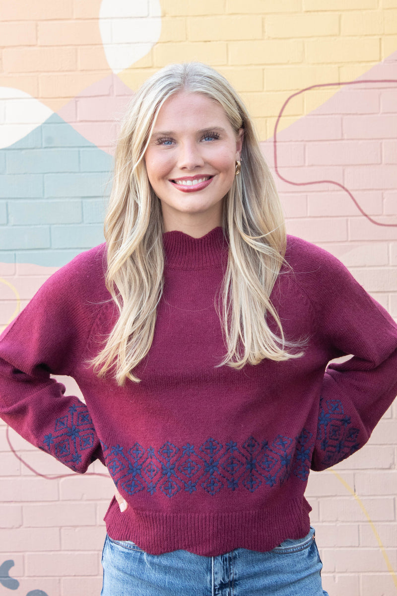 Ariana Scalloped Embroidered Sweater, Burgundy Navy