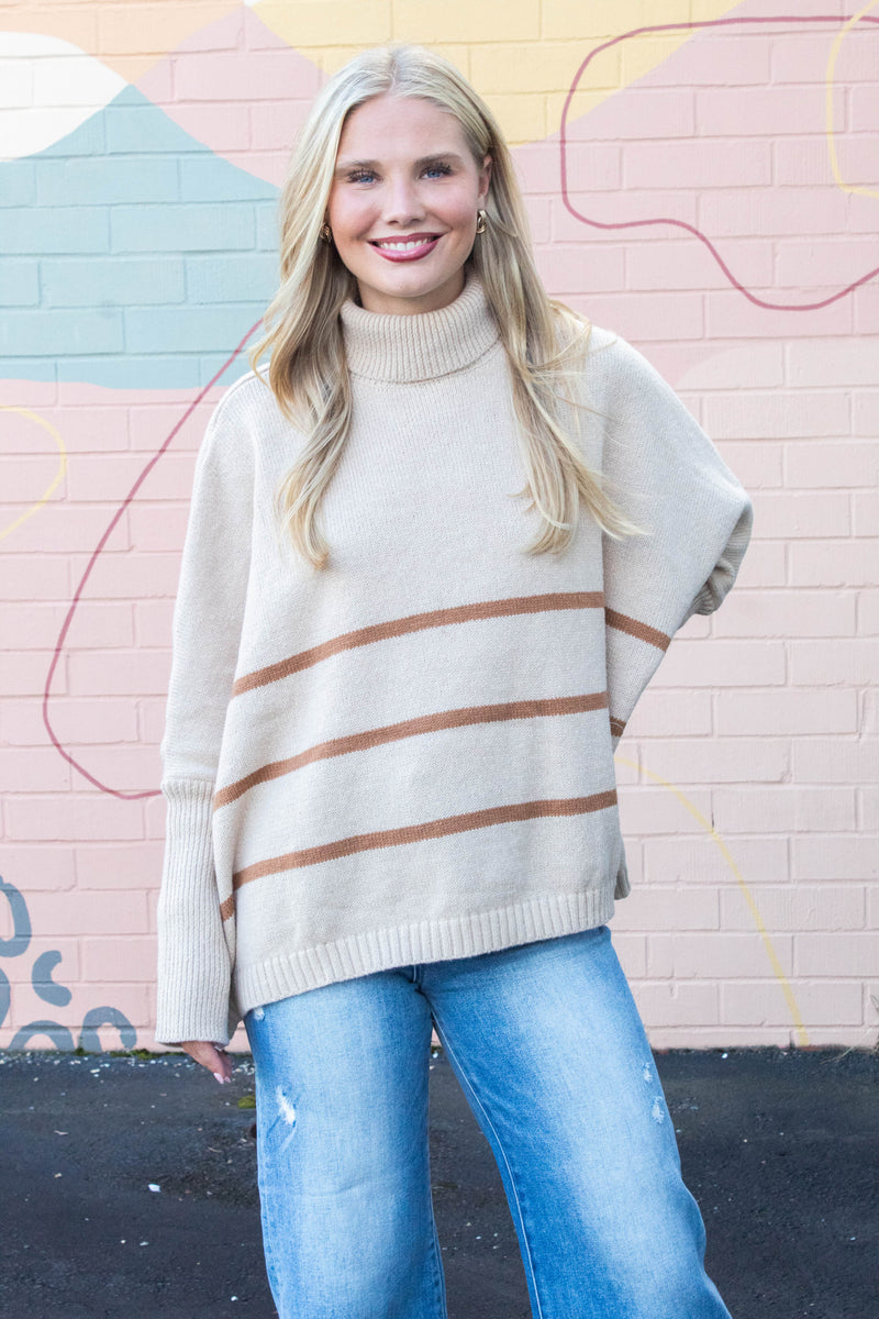 Myra Striped Turtleneck Sweater, Light Taupe