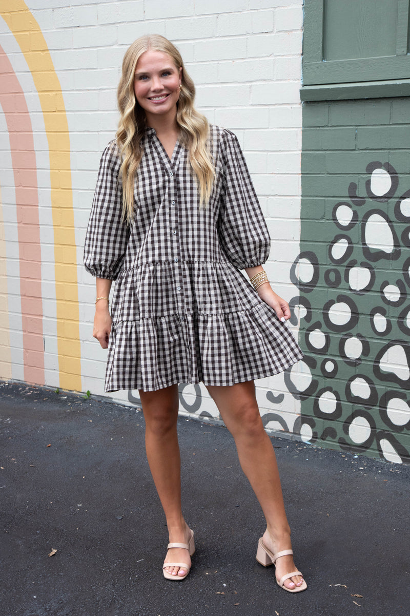 Aspen Three Quarter Sleeve Plaid Dress, Brown