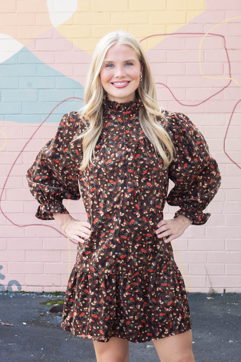Arianna Corduroy Printed Dress, Chocolate Mix