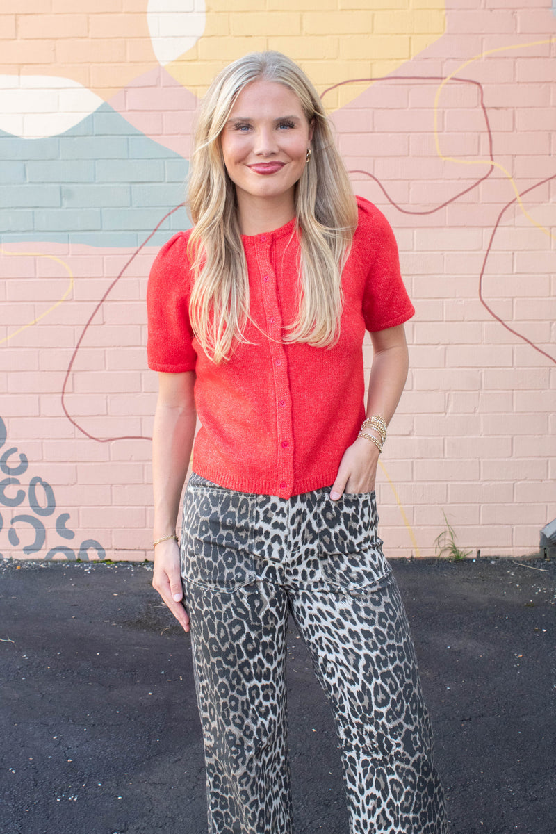 Natalia Puff Short Sleeve Cardigan, Red