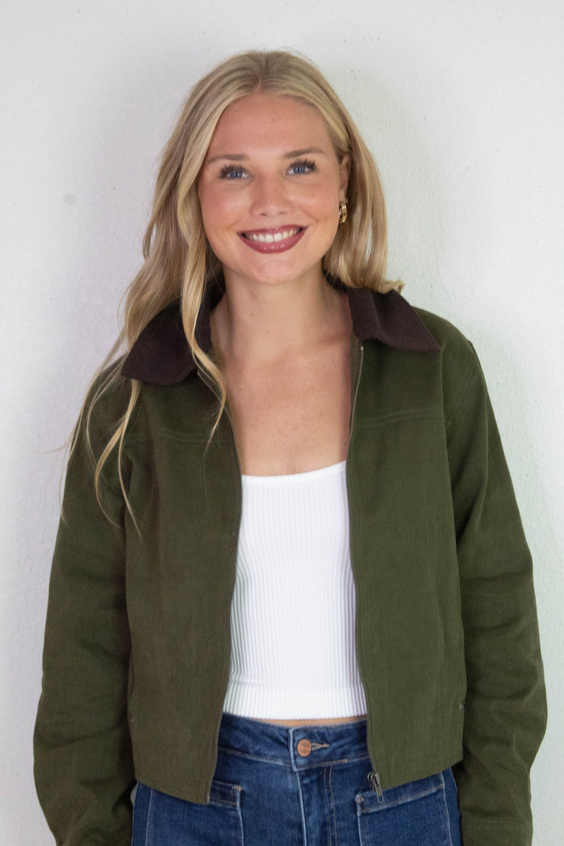 Lyla Contrast Corduroy Collar Bomber Jacket, Dark Olive