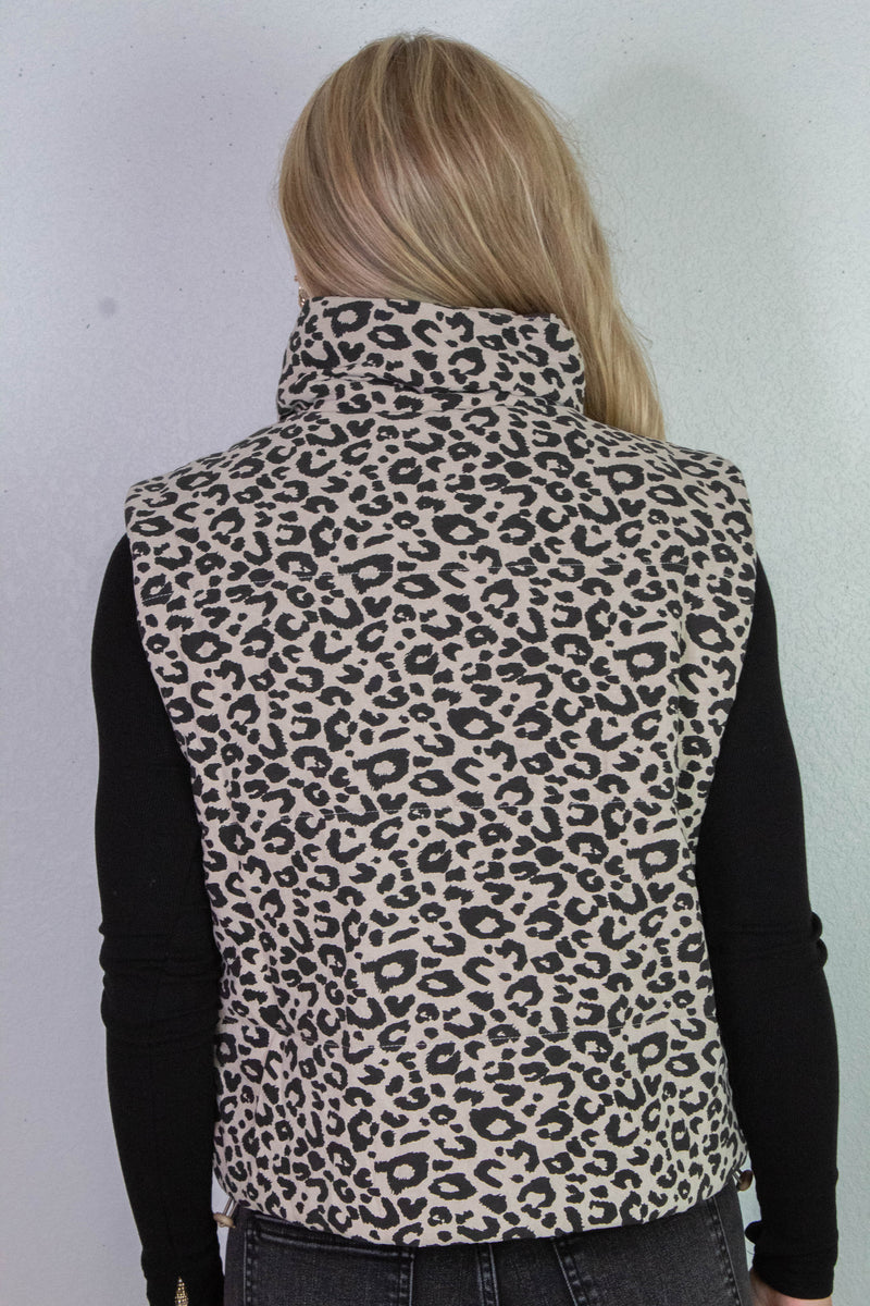 Caroline Leopard Print Puffer Vest, Khaki