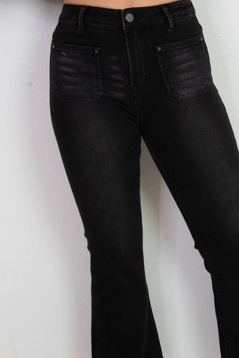 Amelia Patch Pocket Ankle Flare Jeans, Black