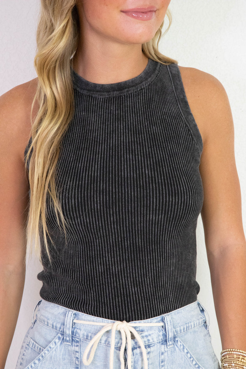 Elowen Washed Ribbed Tank Top, Charcoal