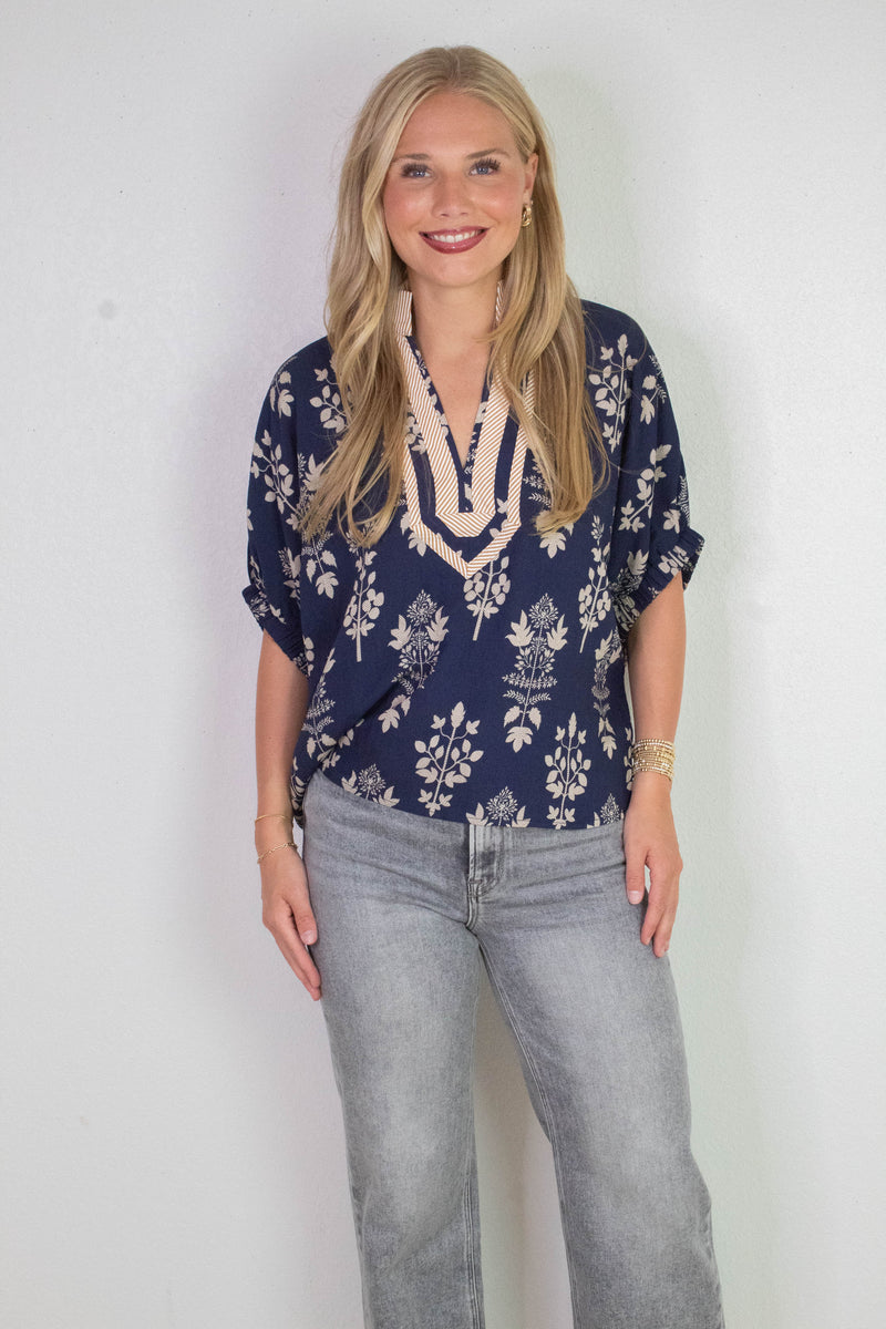 Esther Botanical Print Top, Navy