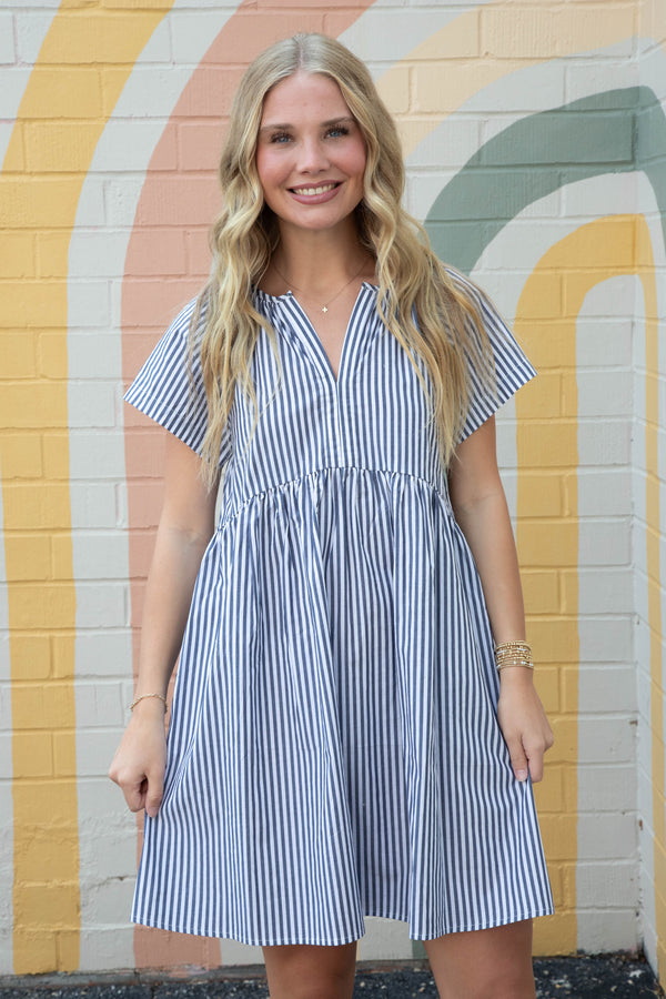 Aliza Striped Split Neck Babydoll Dress, Blue/Ivory