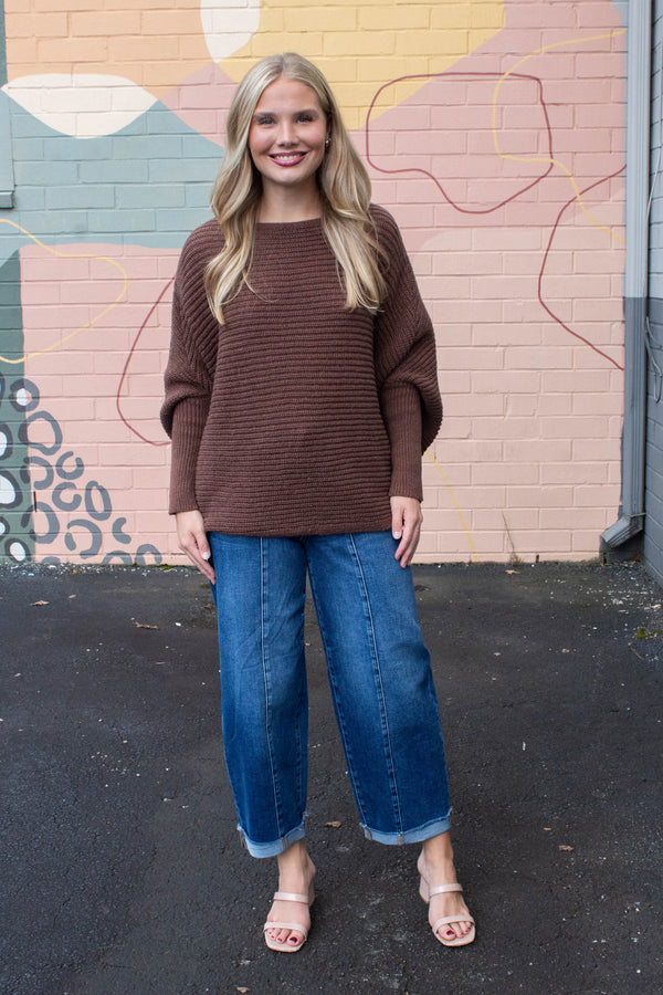 Lily Batwing Boat Neck Sweater, Brown