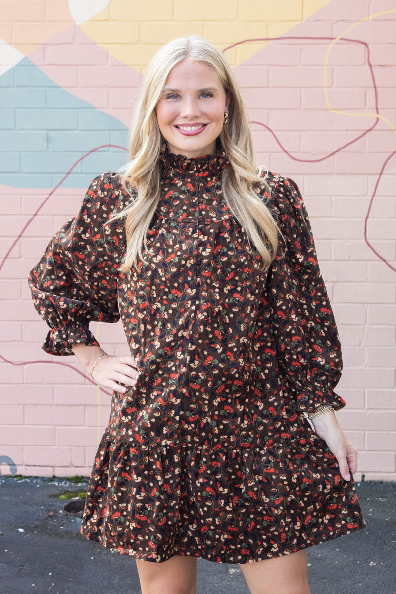 Arianna Corduroy Printed Dress, Chocolate Mix