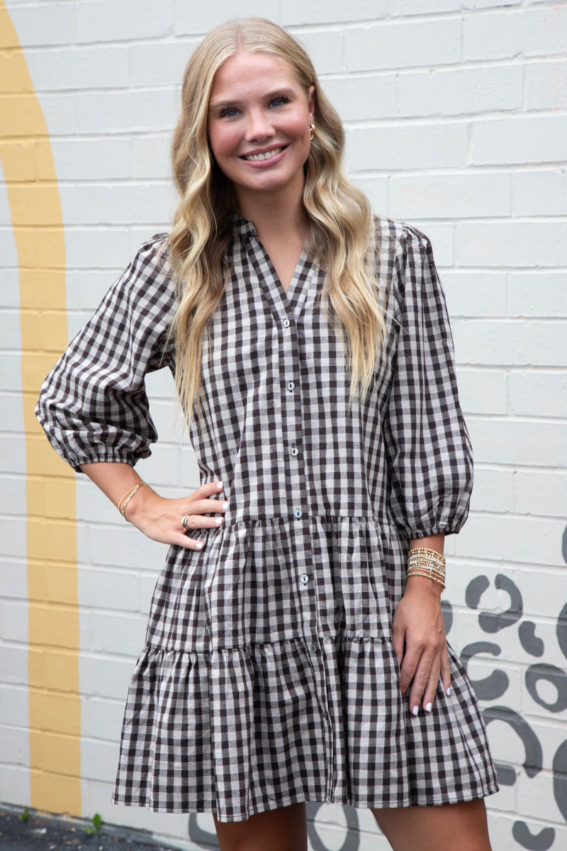 Aspen Three Quarter Sleeve Plaid Dress, Brown