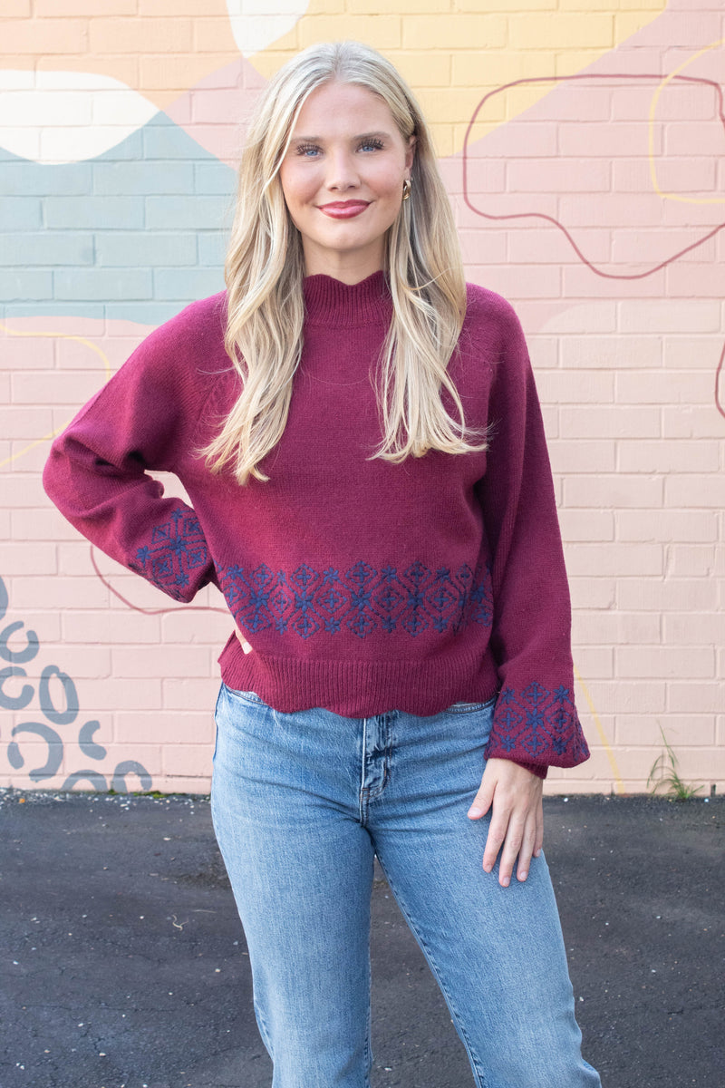 Ariana Scalloped Embroidered Sweater, Burgundy Navy