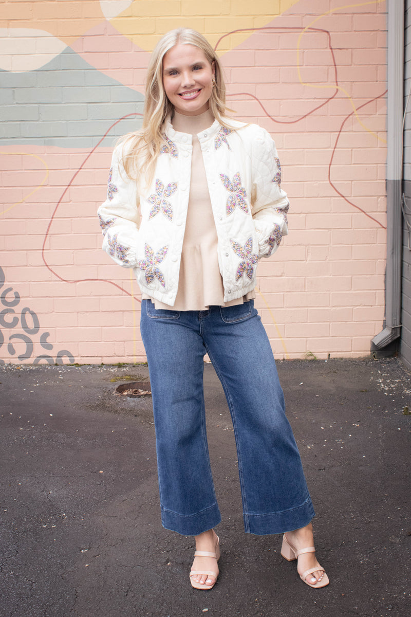 Enid Floral Applique Quilted Jacket, Cream