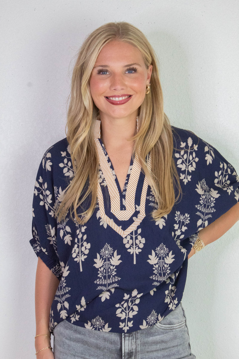 Esther Botanical Print Top, Navy