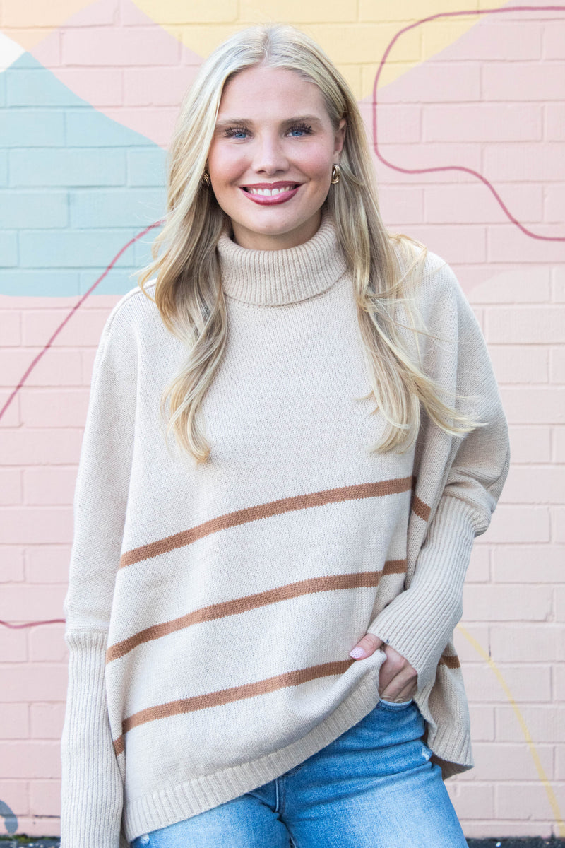 Myra Striped Turtleneck Sweater, Light Taupe