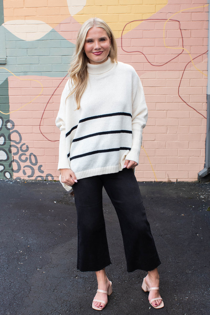 Myra Striped Turtleneck Sweater, Warm White
