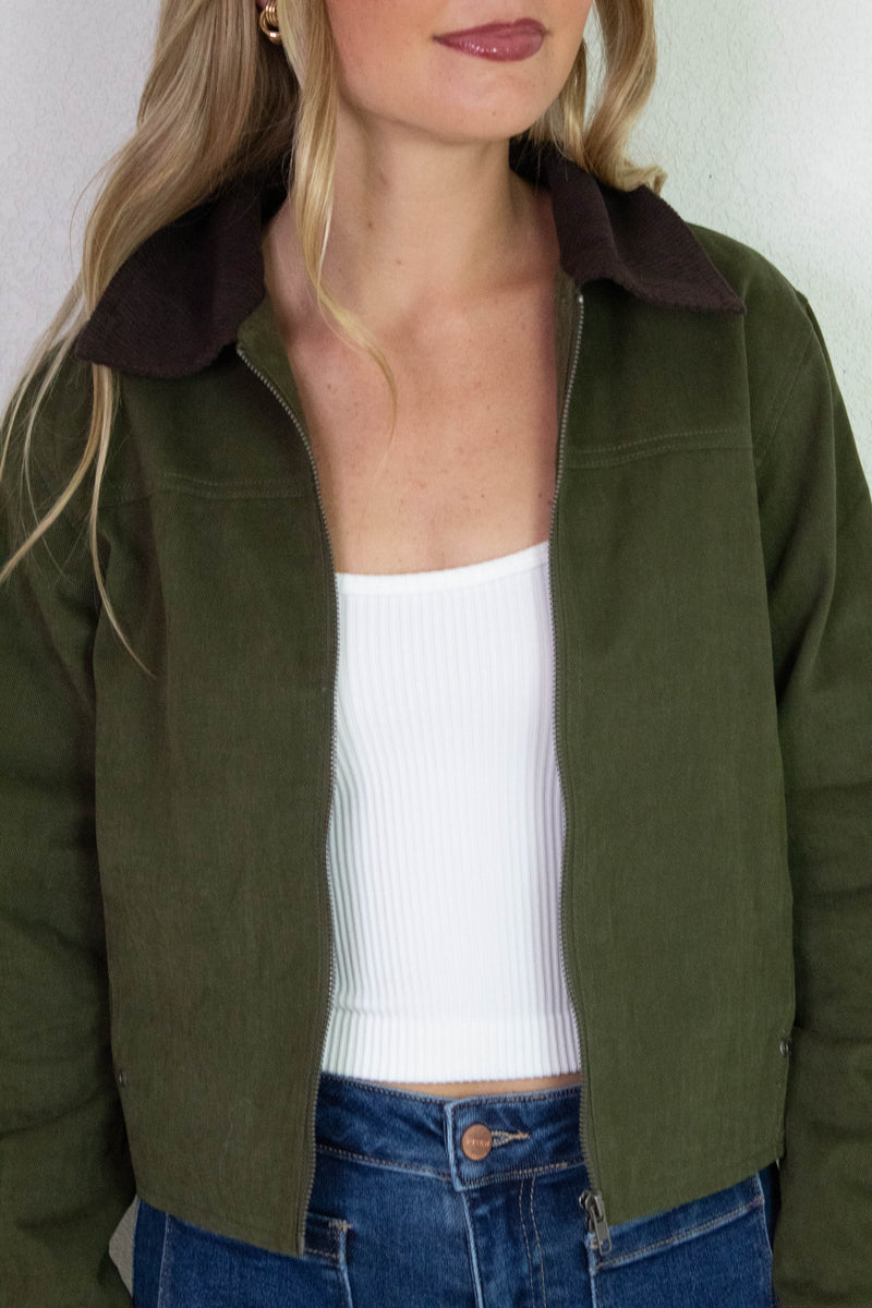 Lyla Contrast Corduroy Collar Bomber Jacket, Dark Olive