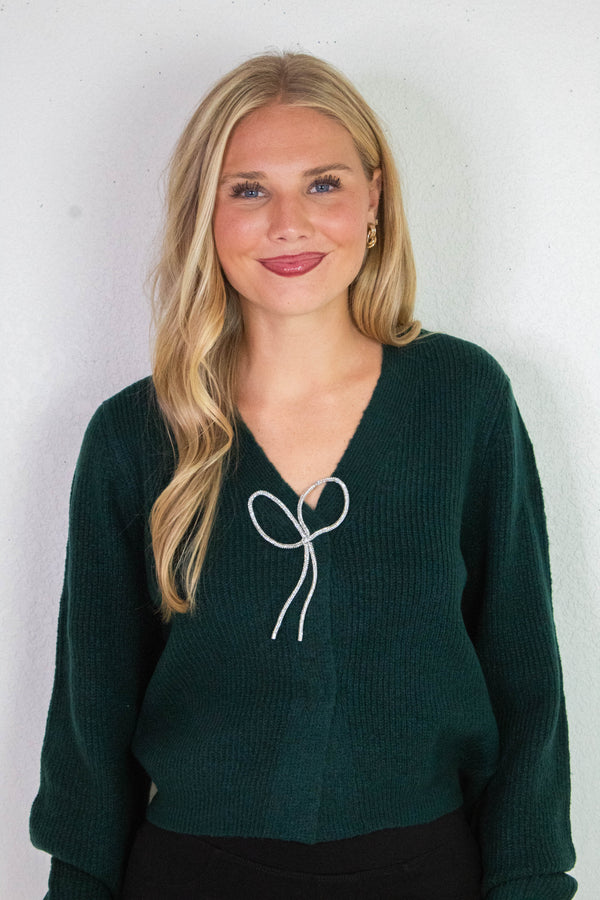 Marie Sparkly Bow Cardigan, Dark Green