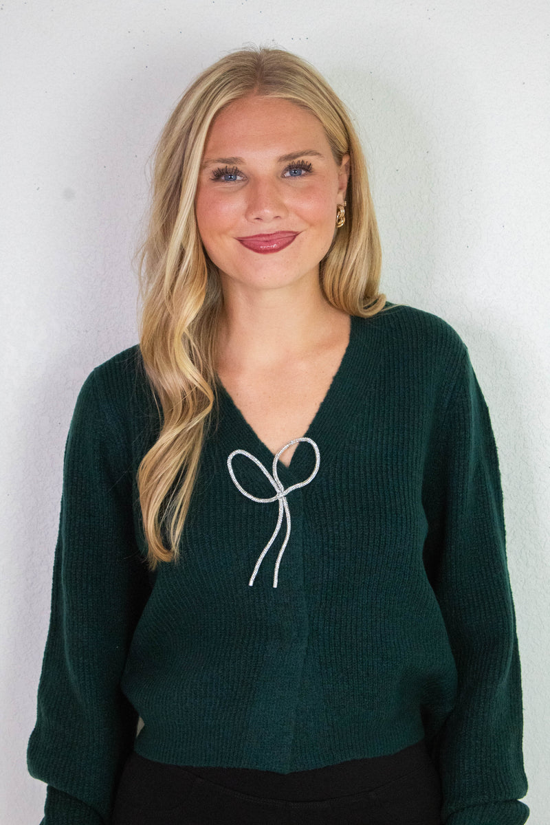 Marie Sparkly Bow Cardigan, Dark Green