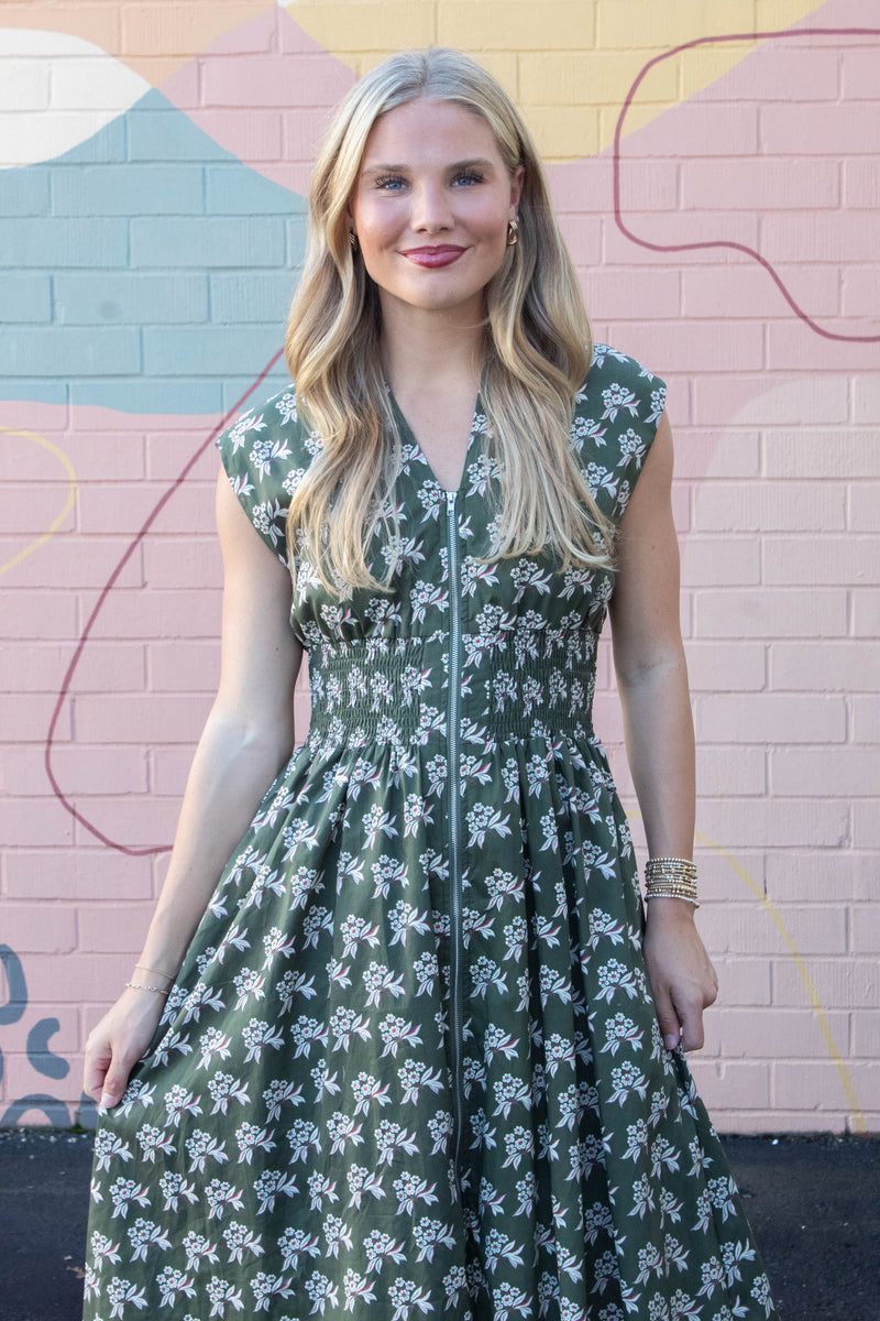 Lila Printed Front Zip Dress, Olive Green
