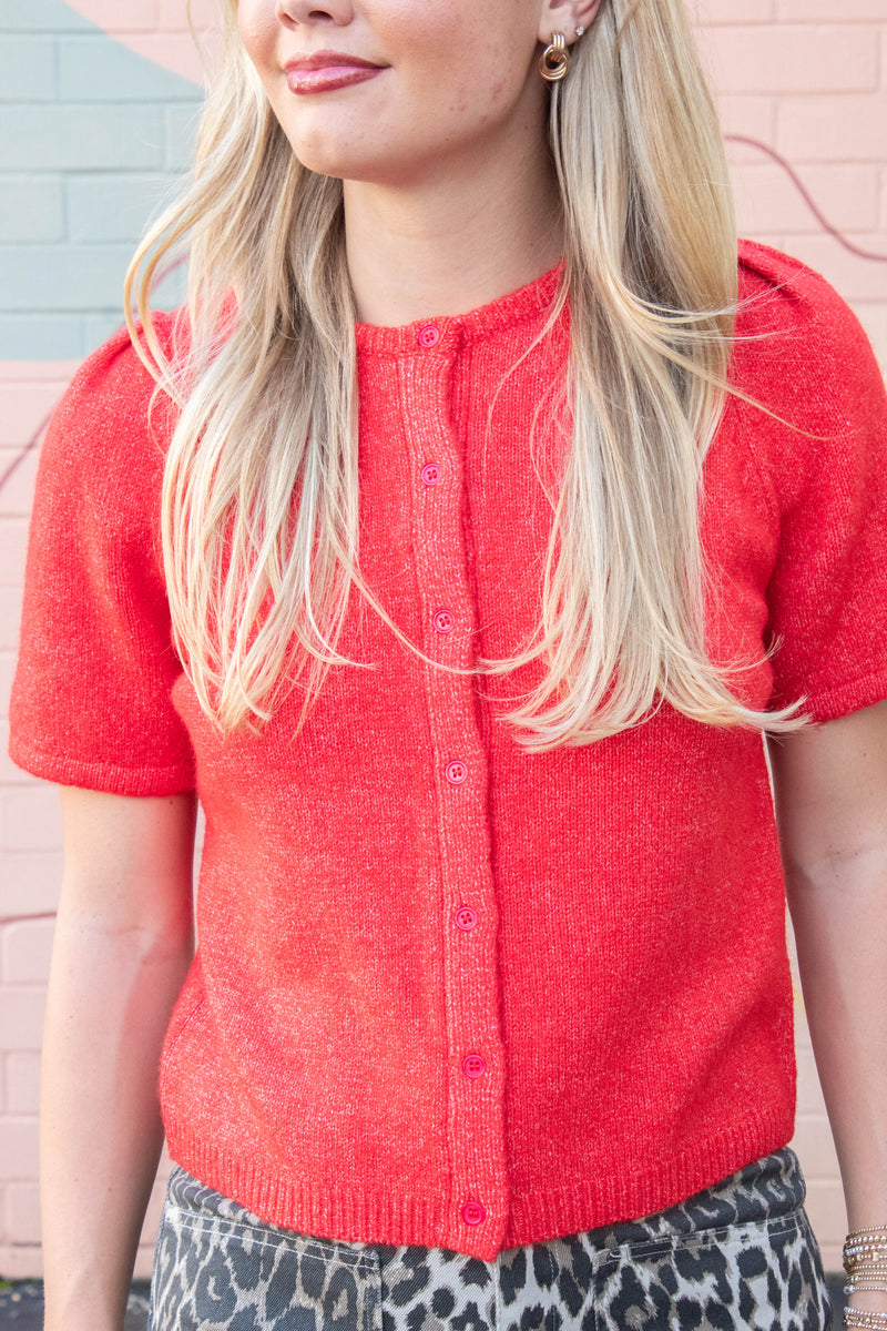 Natalia Puff Short Sleeve Cardigan, Red