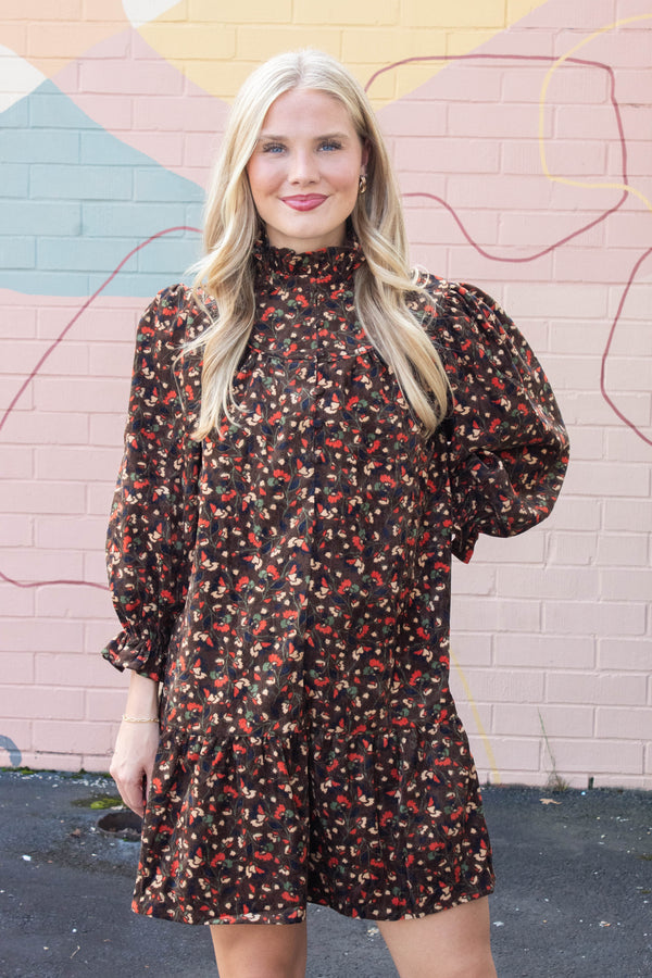 Arianna Corduroy Printed Dress, Chocolate Mix