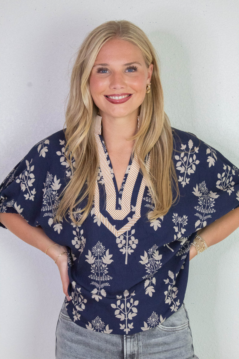Esther Botanical Print Top, Navy