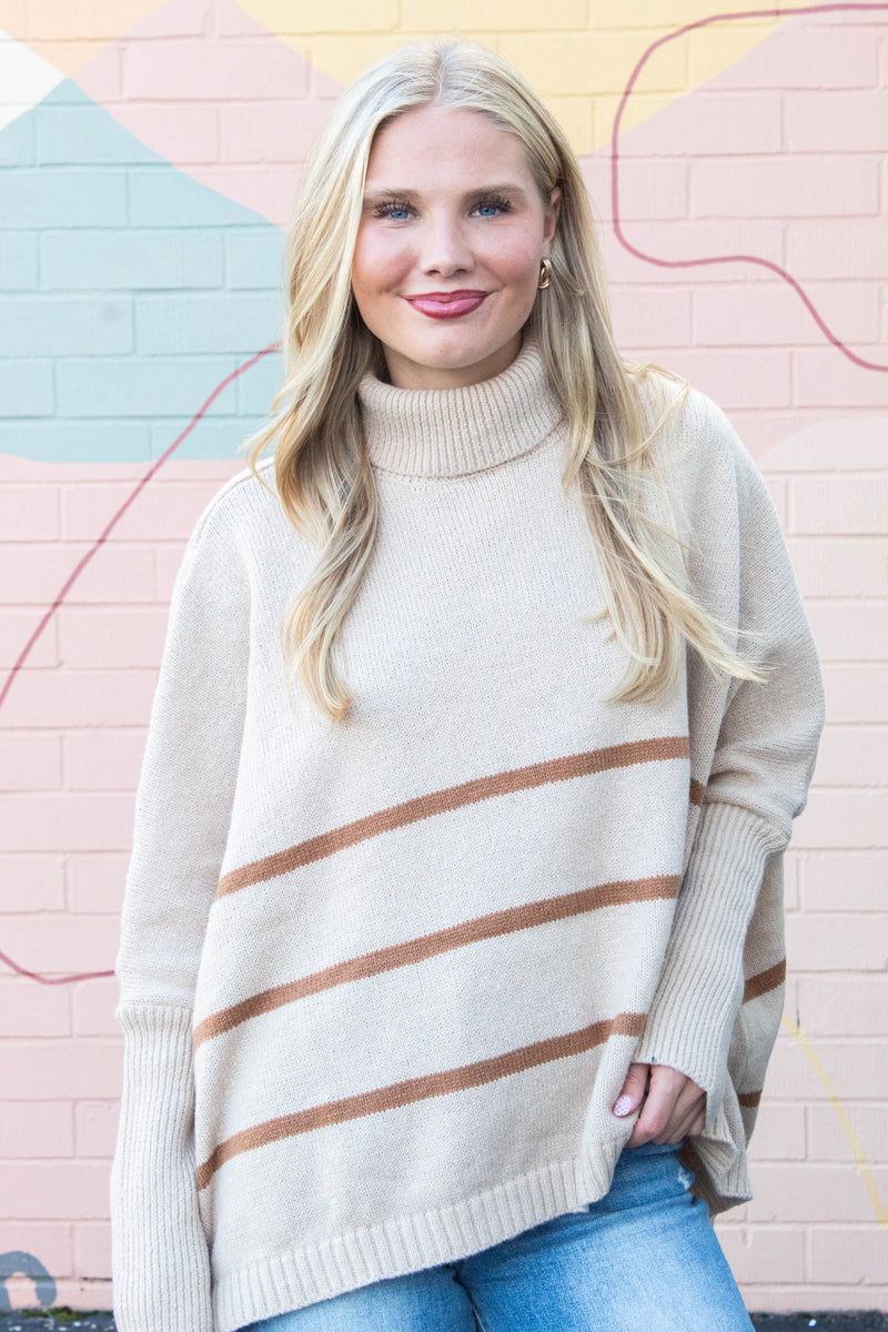 Myra Striped Turtleneck Sweater, Light Taupe