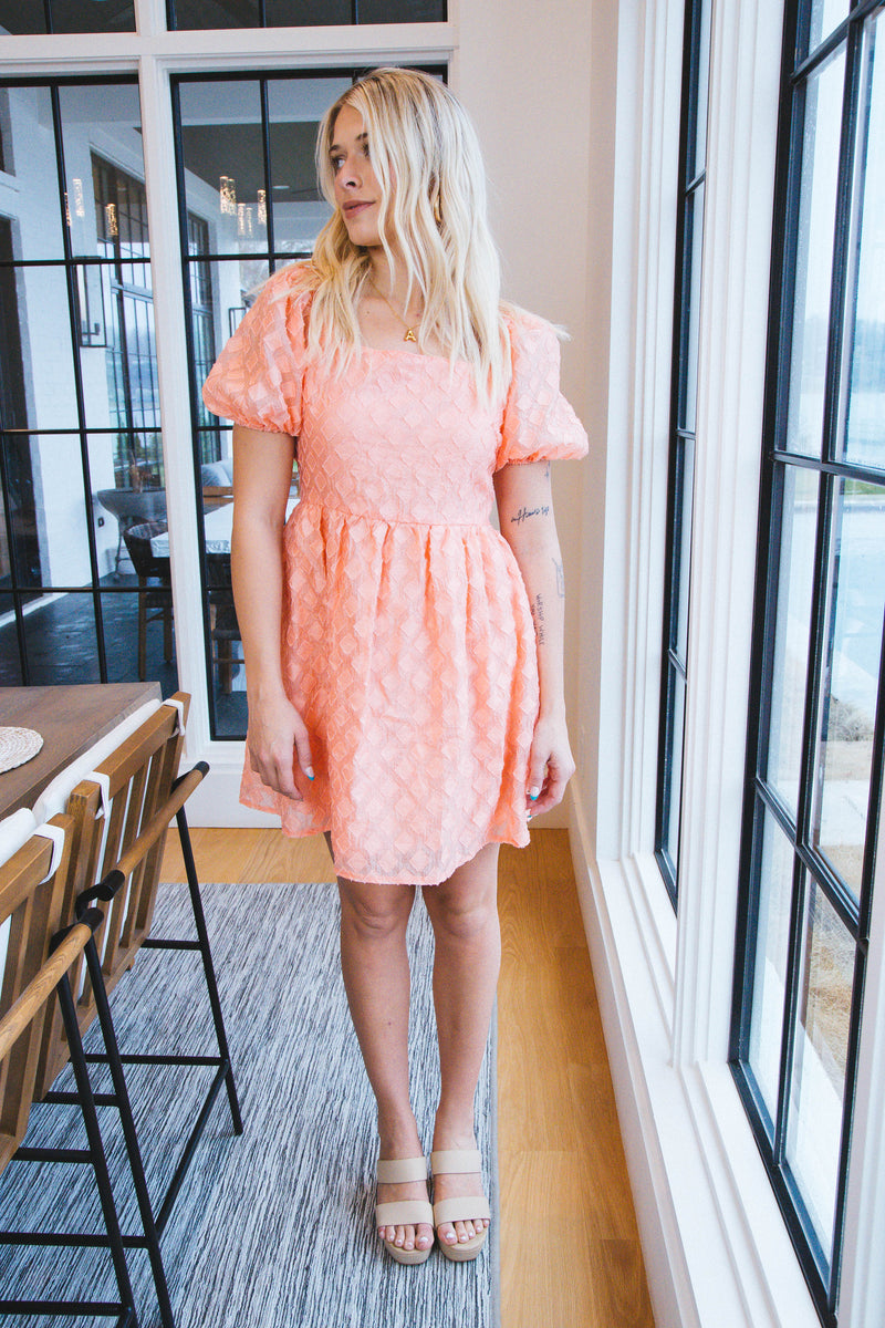 Elsie Puff Sleeve Jacquard Dress, Rose Coral