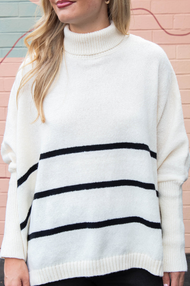 Myra Striped Turtleneck Sweater, Warm White