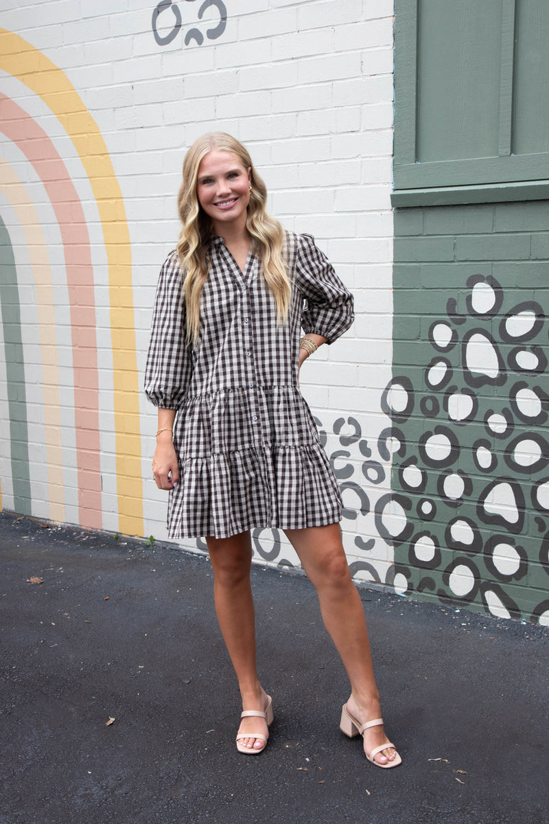 Aspen Three Quarter Sleeve Plaid Dress, Brown