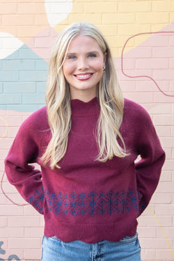 Ariana Scalloped Embroidered Sweater, Burgundy Navy