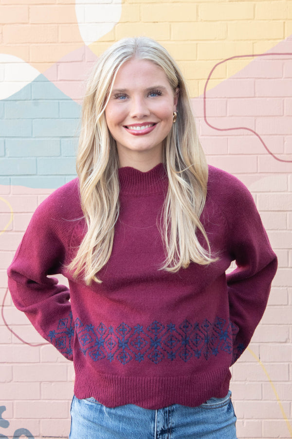 Ariana Scalloped Embroidered Sweater, Burgundy Navy