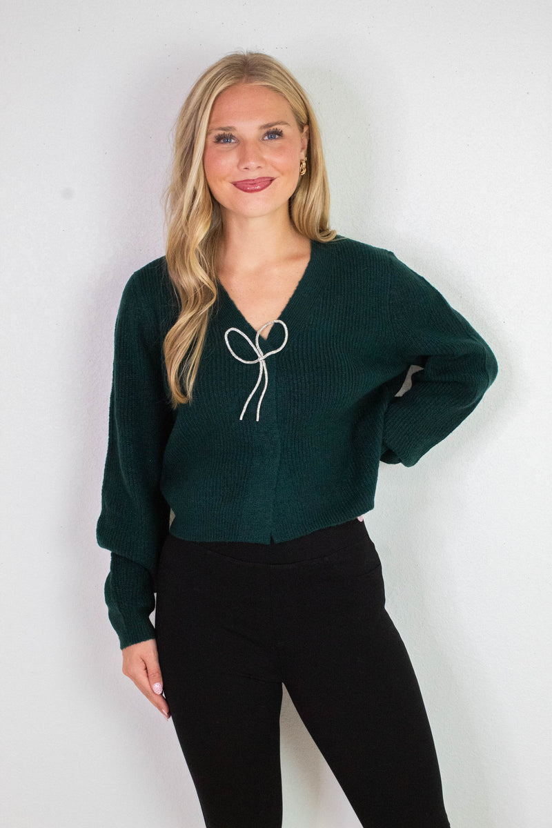 Marie Sparkly Bow Cardigan, Dark Green