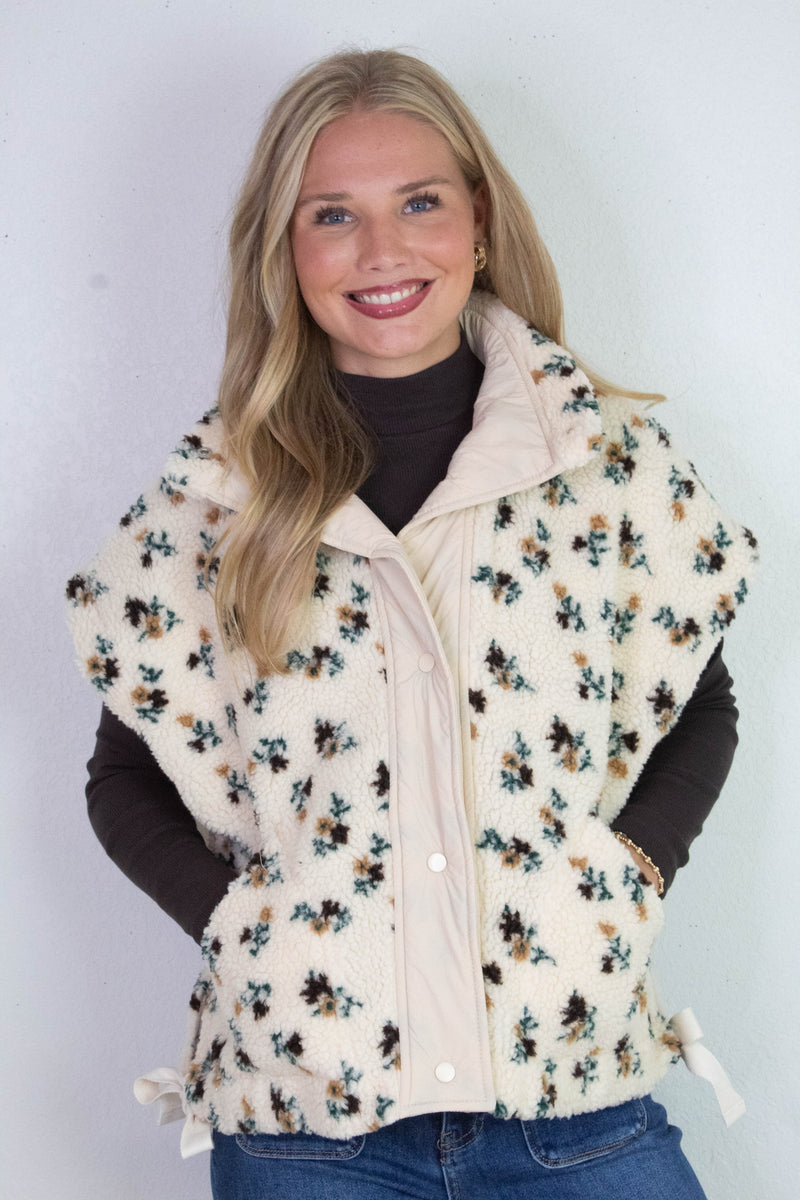 Naomi Floral Oversized Sherpa Vest, Ivory Multi